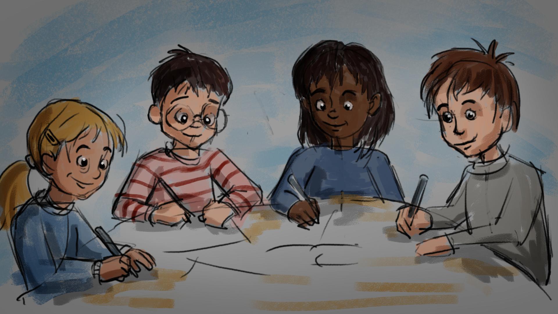 Teckning på fyra barn som sitter och skriver vid ett bord.
