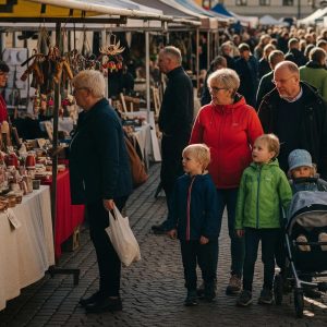 Bild på en familj som står och tittar på prylar på en marknad.