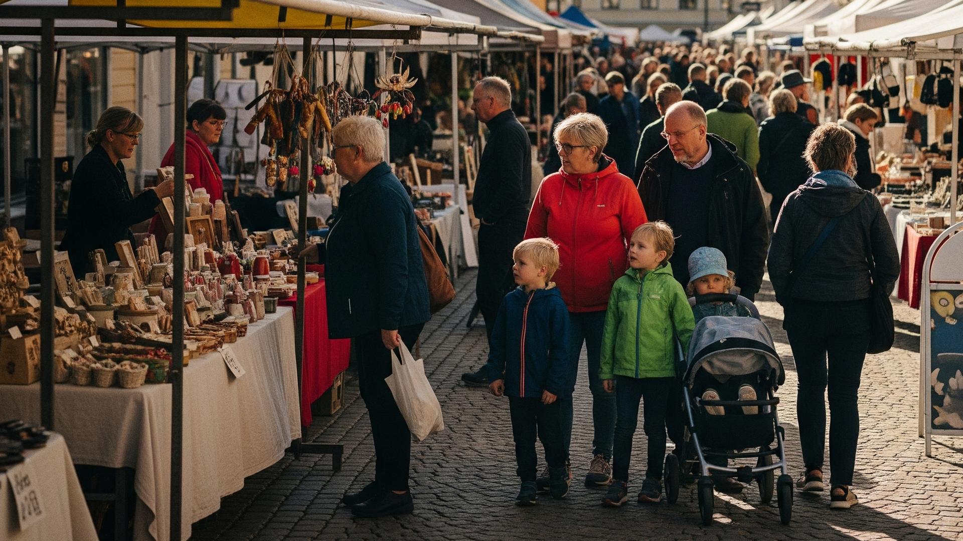 Bild på en familj som står och tittar på prylar på en marknad.