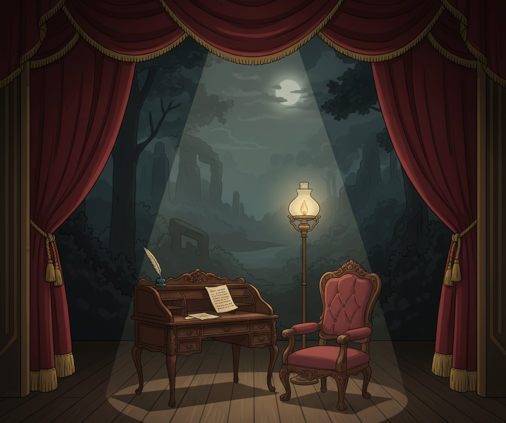 Tecknad bild på en tom stol vid ett skrivbord som står på en teaterscen