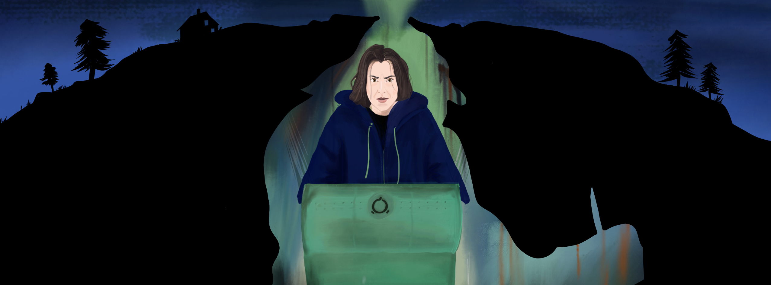 Man som står vid en kista framför ett stort, mörkt berg med träd och ett hus