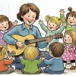 dekorativ tecknad bild föreställande en pedagog med gitarr och många barn runtom. Förskola.