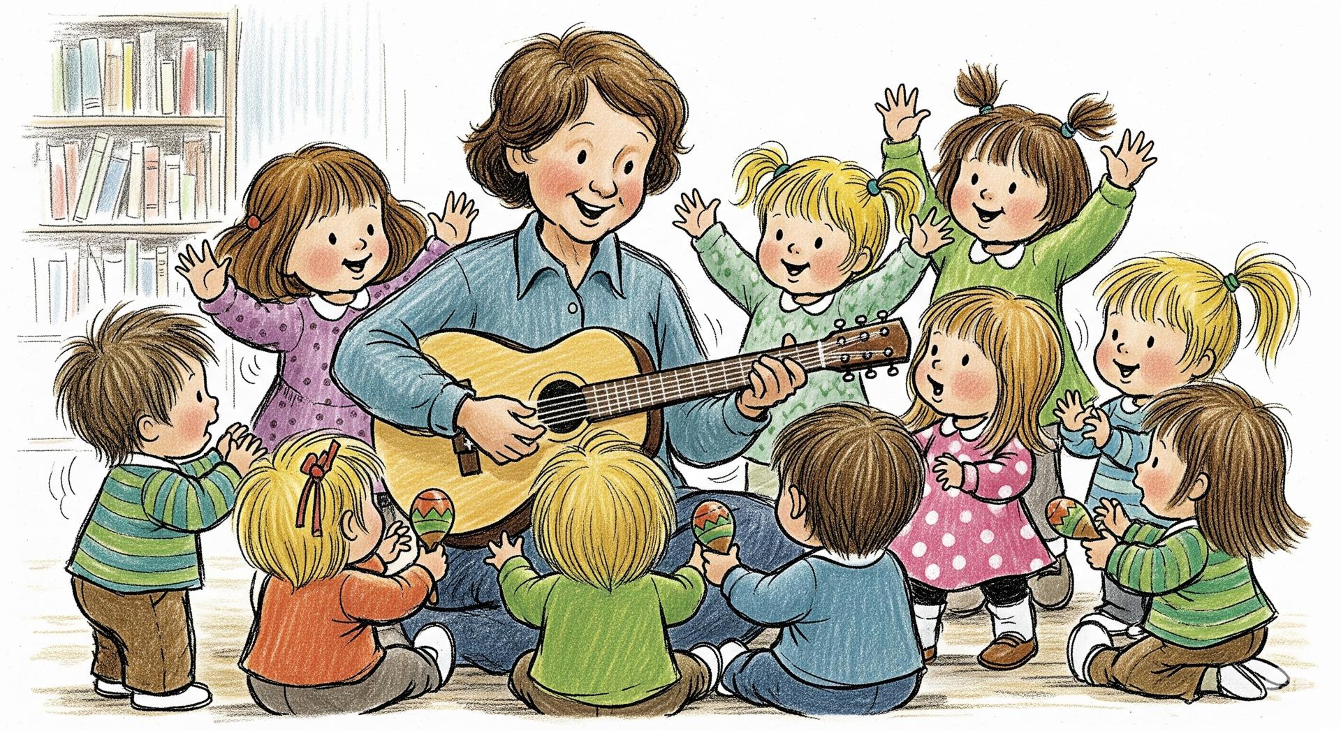 dekorativ tecknad bild föreställande en pedagog med gitarr och många barn runtom. Förskola.