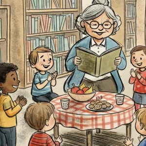 Illustration av sagostund för små barn.