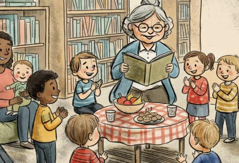 Illustration av sagostund för små barn.