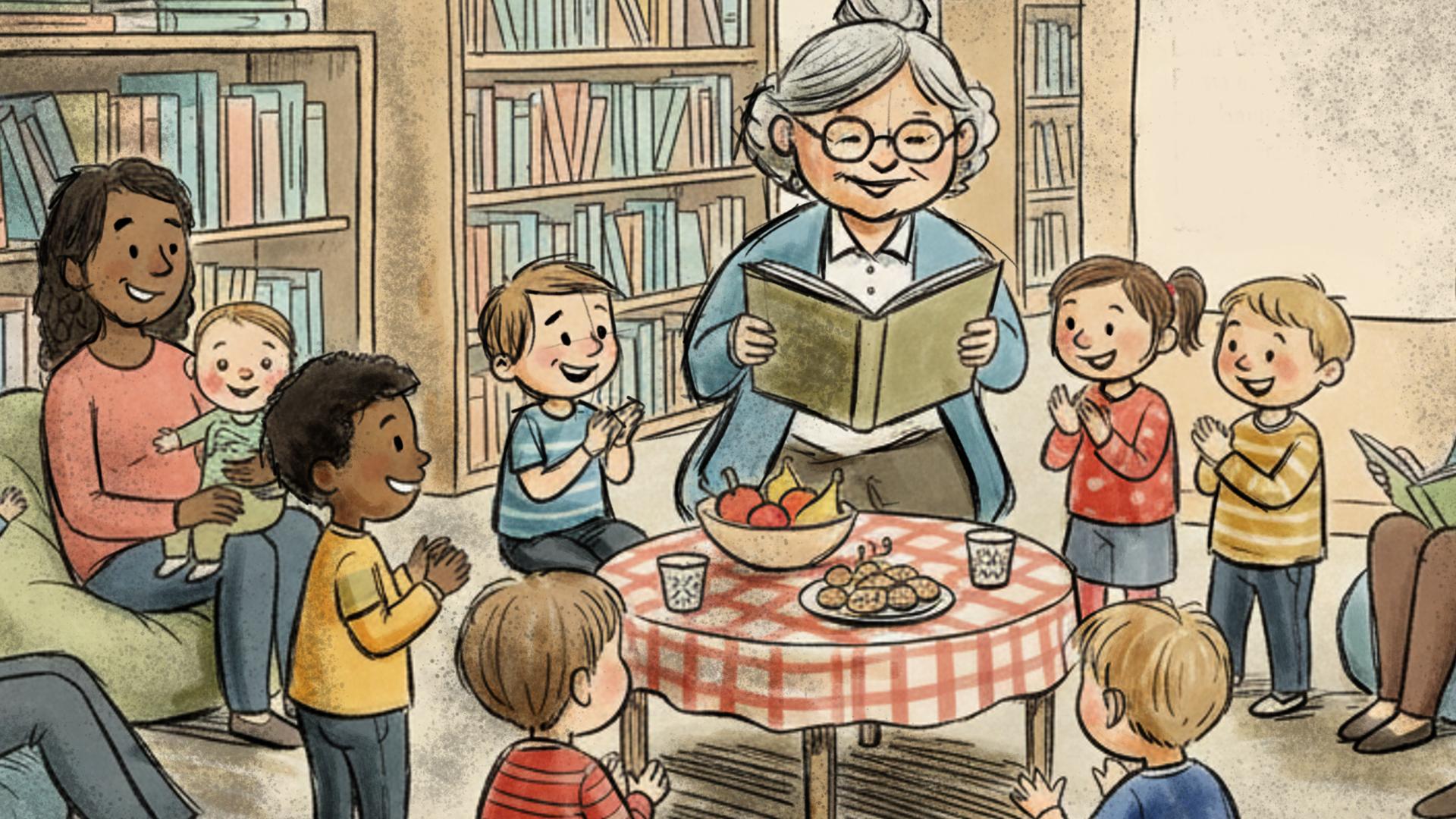 Illustration av sagostund för små barn.