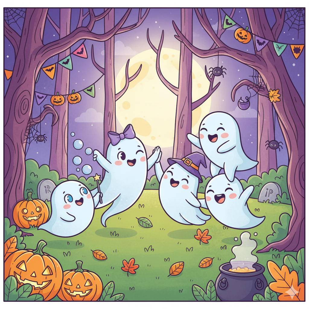 Glada spökbarn i en halloween-pyntad skog