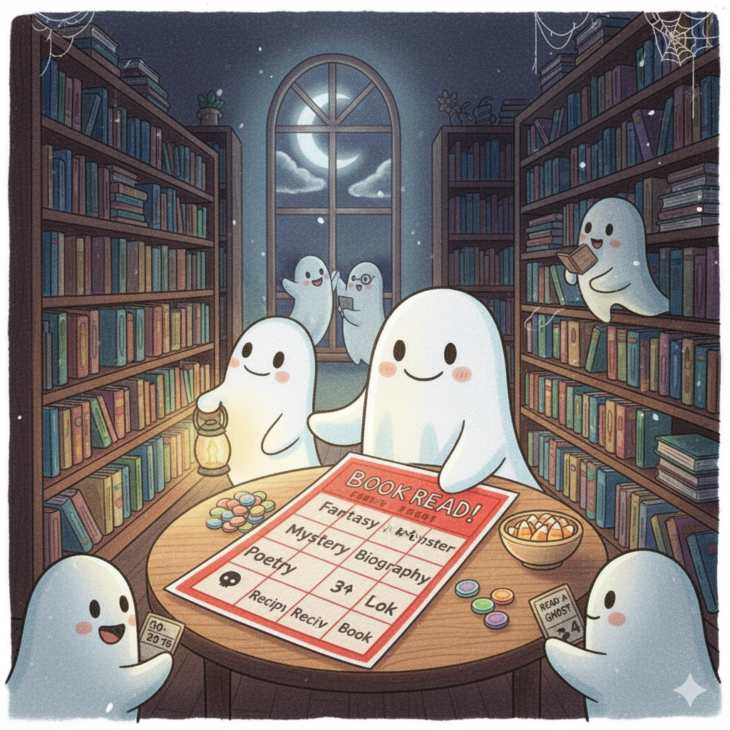 AI-genererad bild i tecknad stil föreställandes spöken som har bokbingo på ett bibliotek
