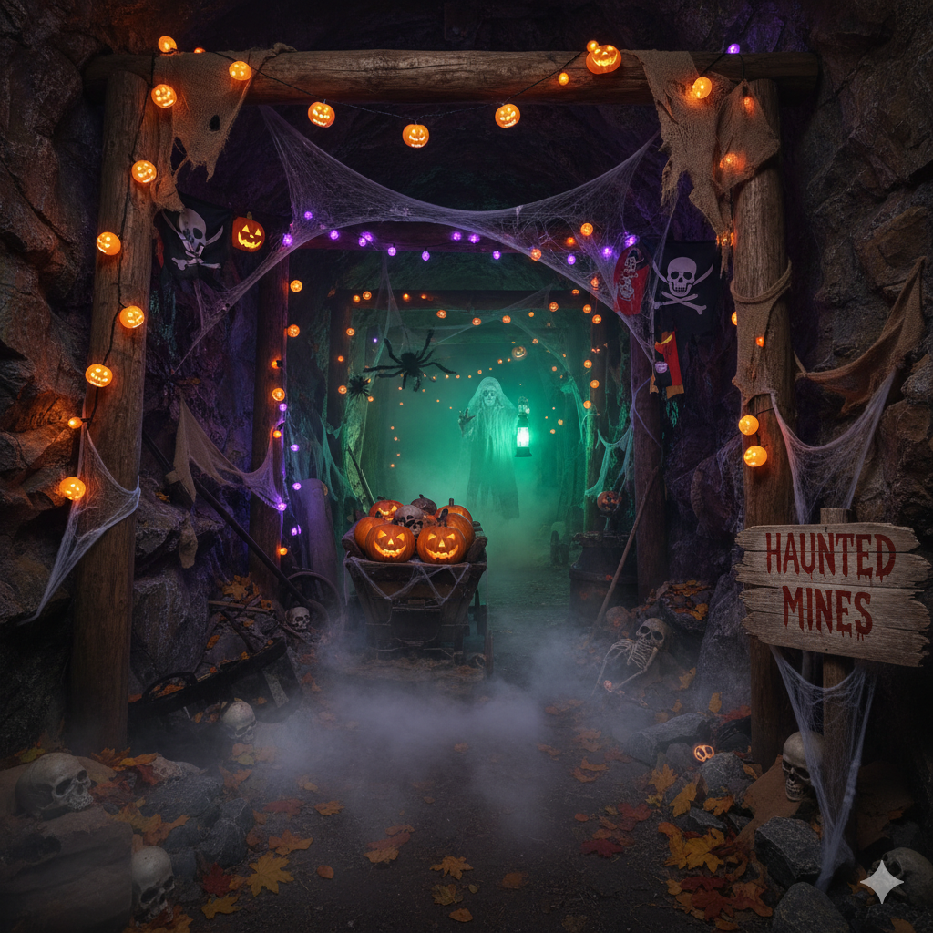 AI-genererad bild föreställande gruvmiljö i halloweentema.