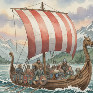 Vikingaskepp med segel och vikingar.