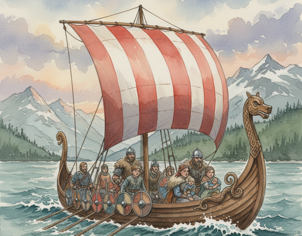 Vikingaskepp med segel och vikingar