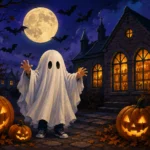 Gulligt spöke har kul med Halloweenpumpor