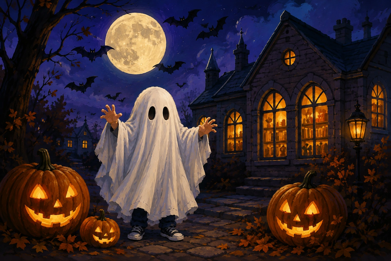 Gulligt spöke har kul med Halloweenpumpor