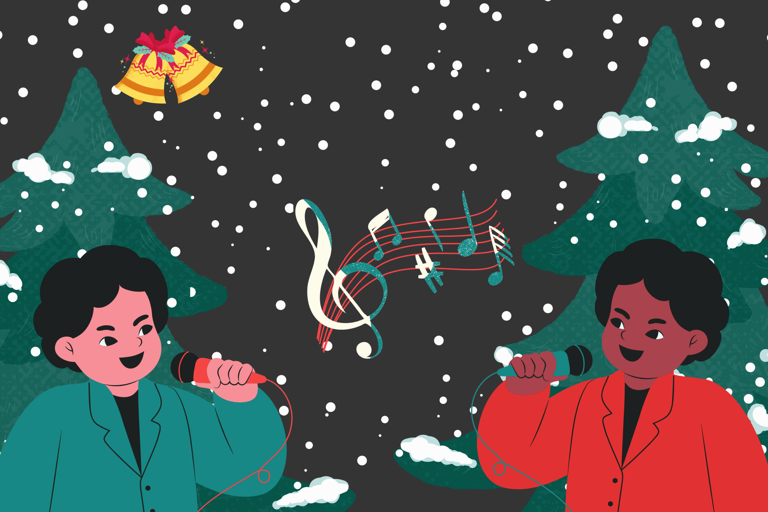 En illustration av två sångare med jul bakgrund.
