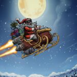 Jultomten på sin raketsläde Julklappshögen