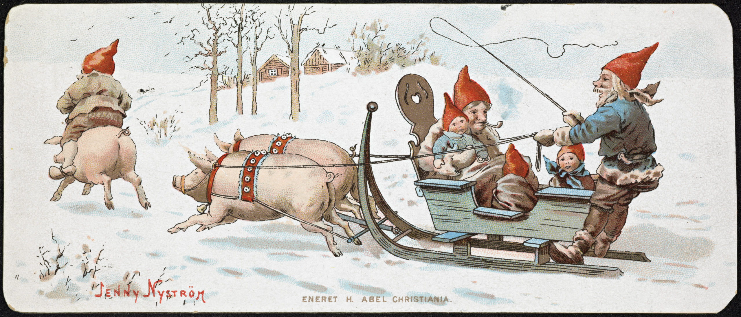 Grisar som drar en släde med tomtar och små tomtenissar. Även en tomte som rider på en gris.