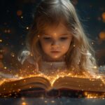 Bild på en liten flicka som läser en magisk bok.