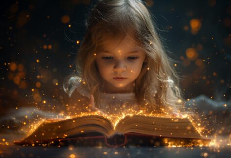 Bild på en liten flicka som läser en magisk bok.