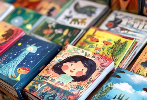 Olika barnböcker med omslagsbilder synliga