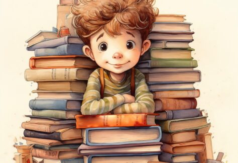 Animerad bild föreställande pojke mellan högar av böcker