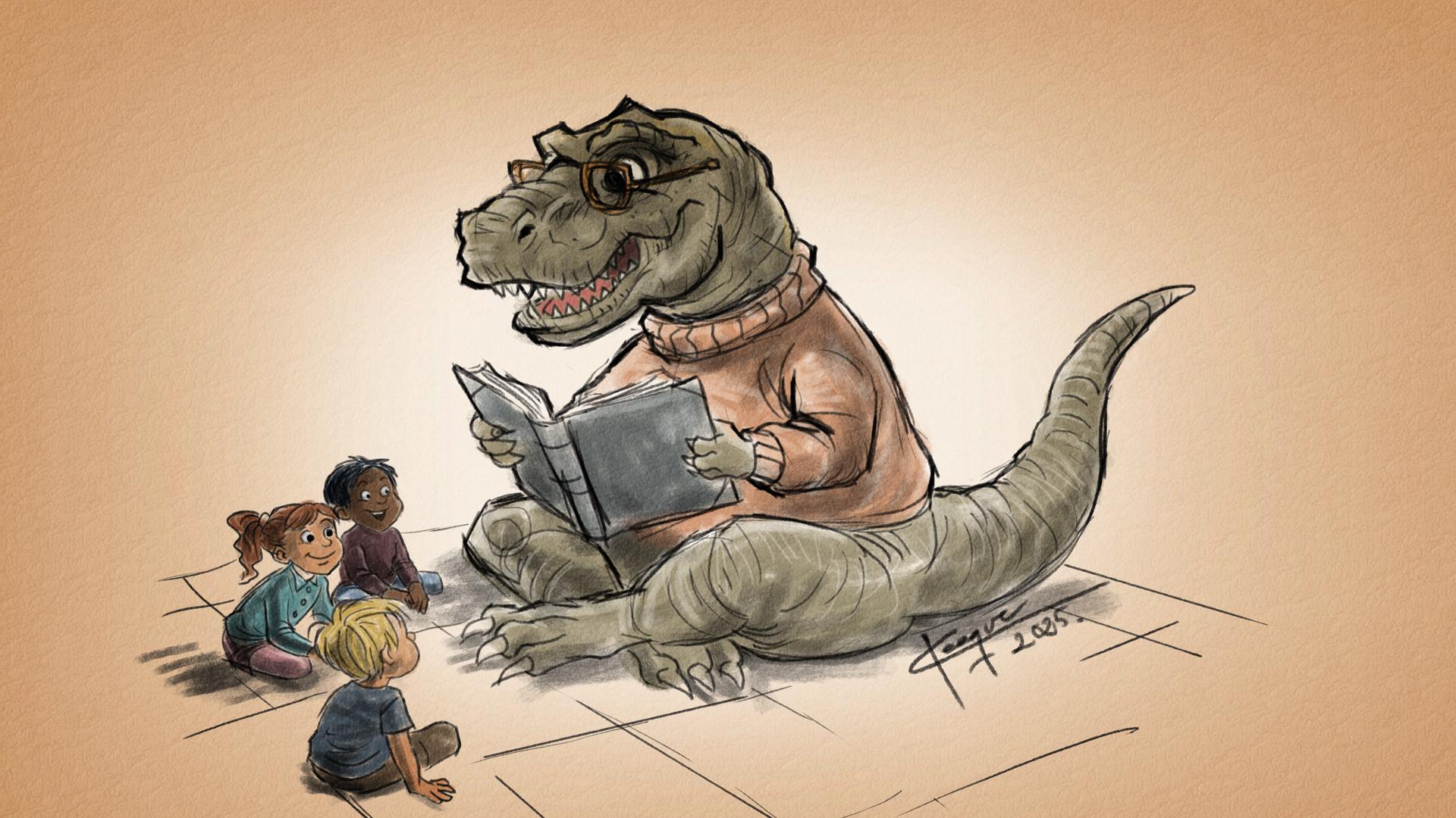 en illustration av en dinosaurie med läsglasögon som läser sagor för barn