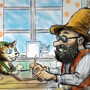 Pettson och Findus sitter vid ett bord