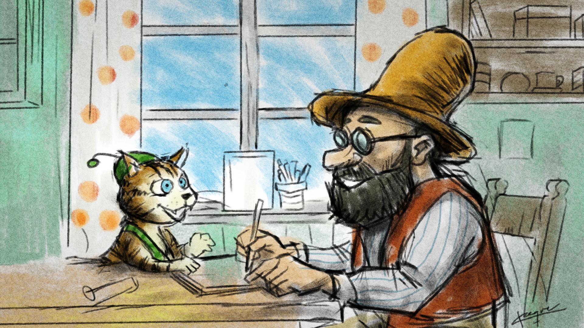 Pettson och Findus sitter vid ett bord