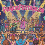 AI genererad i serietecknat format. En melodifestival där tre funktionshindrade personer uppträder tillsammans med en orkester. Det är mycket glitter och glam och glada färger. En stor text ovanför där det står FunkisFestivalen med rosa bokstäver. Publiken dansar lite till musiken. I bakgrunden är det strålkastare, discokulor, ballonger, musiktoner och konfetti.