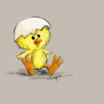 Illustration av en liten gullig, gul kyckling som bär ett äggskal som en hatt