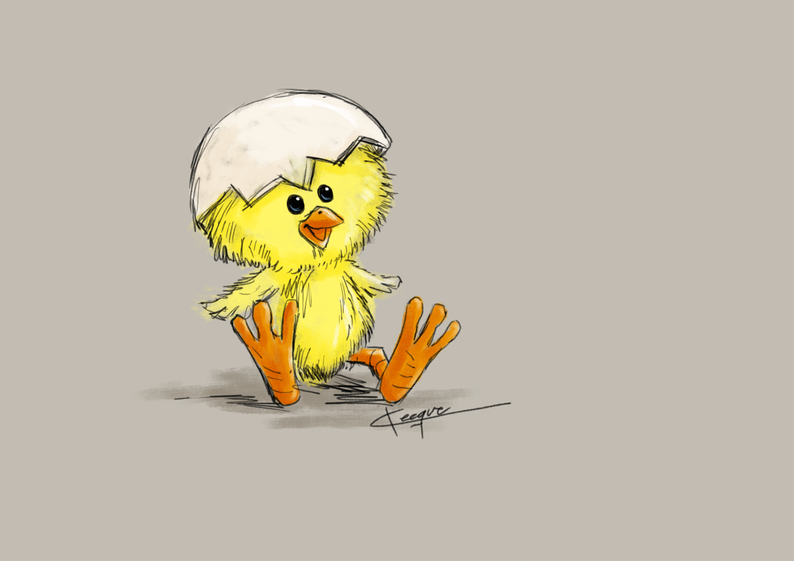 Illustration av en liten gullig, gul kyckling som bär ett äggskal som en hatt