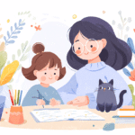 Illustration av en vuxen och ett barn som sitter vid ett skrivbord och studerar.