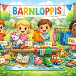 Animerad AI-genererad bild på barn som står och säljer sina leksaker och andra prylar med en skylt bakom dem där det står "Barnloppis".
