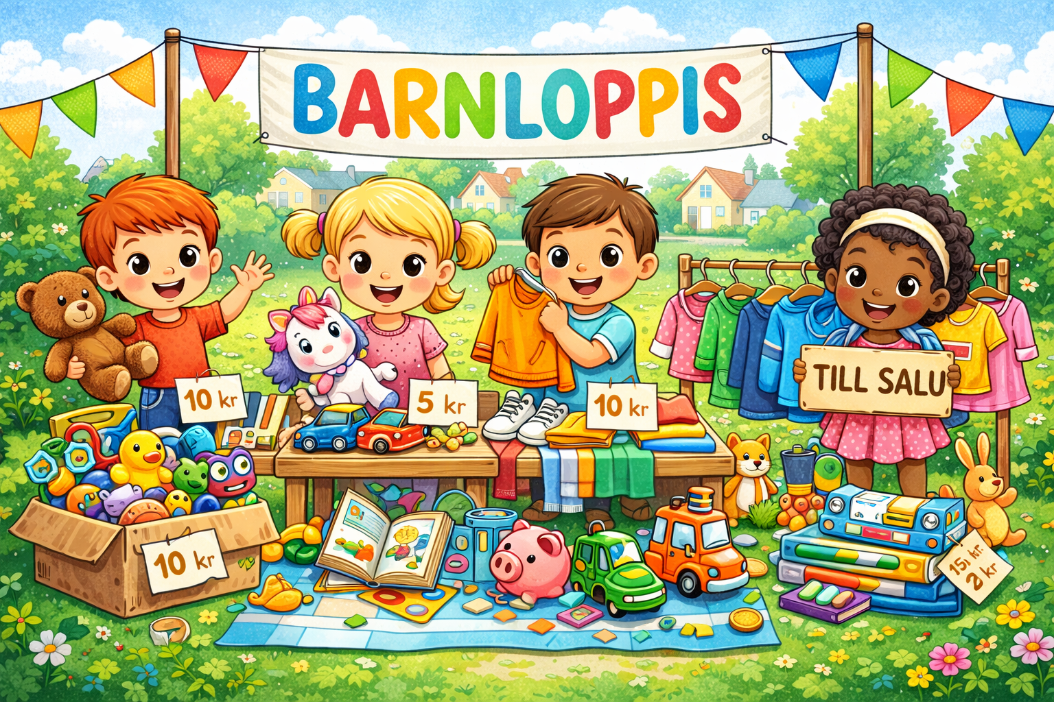 Animerad AI-genererad bild på barn som står och säljer sina leksaker och andra prylar med en skylt bakom dem där det står "Barnloppis".