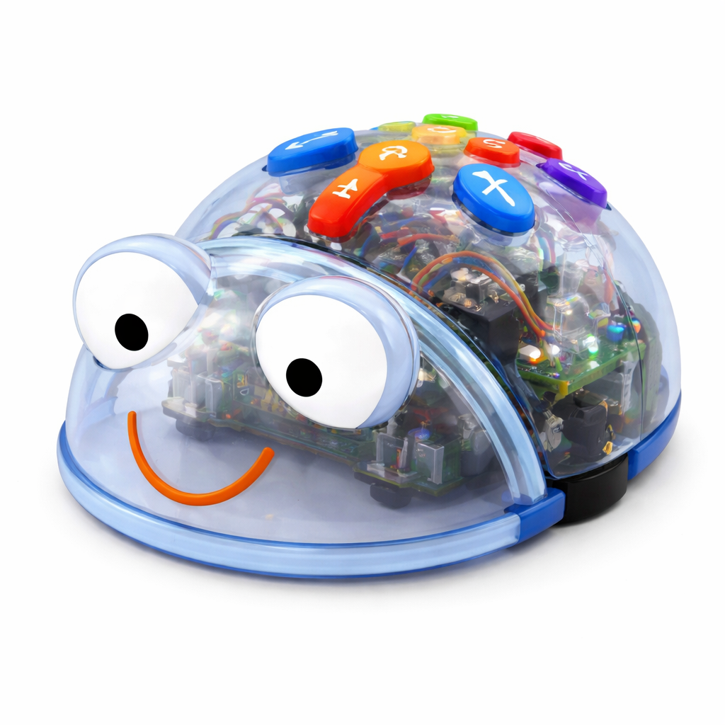 Bild på en Blue-bot som är en liten robot som man kan programmera. Den har ögon och knappar som man trycker på.
