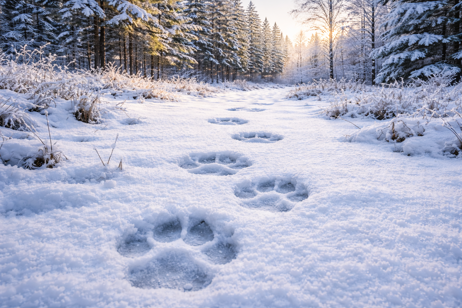 Rovdjursspår i snötäckt vinterlandskap.