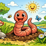 En tecknad bild på en daggmask, med en sol i bakgrunden samt blommor.