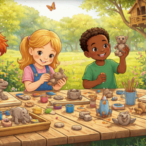 Bilden är en animerad bild på fyra barn som sitter utomhus och sysslar på drejning.