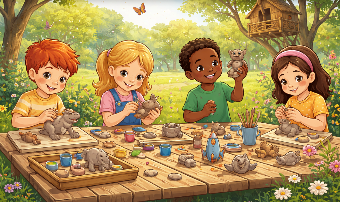 Bilden är en animerad bild på fyra barn som sitter utomhus och sysslar på drejning.