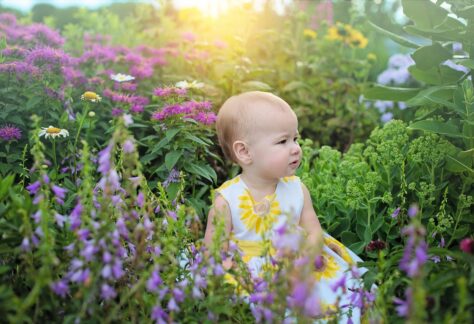 Bild på en bebis som sitter ute i naturen omringad av växter och blommor med solljus bakom sig.
