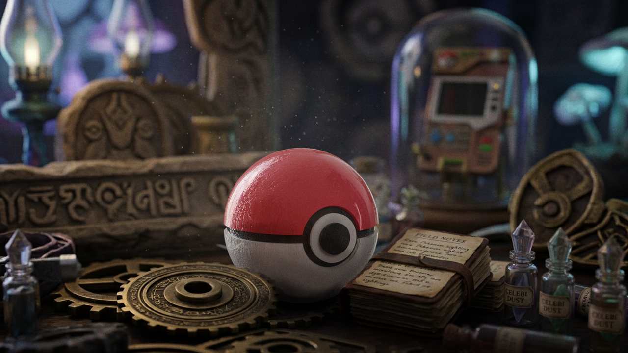 En pokemonboll som ligger på ett skrivbord fullt av böcker och gamla kugghjul och små glasflaskor med diverse olika kristaller