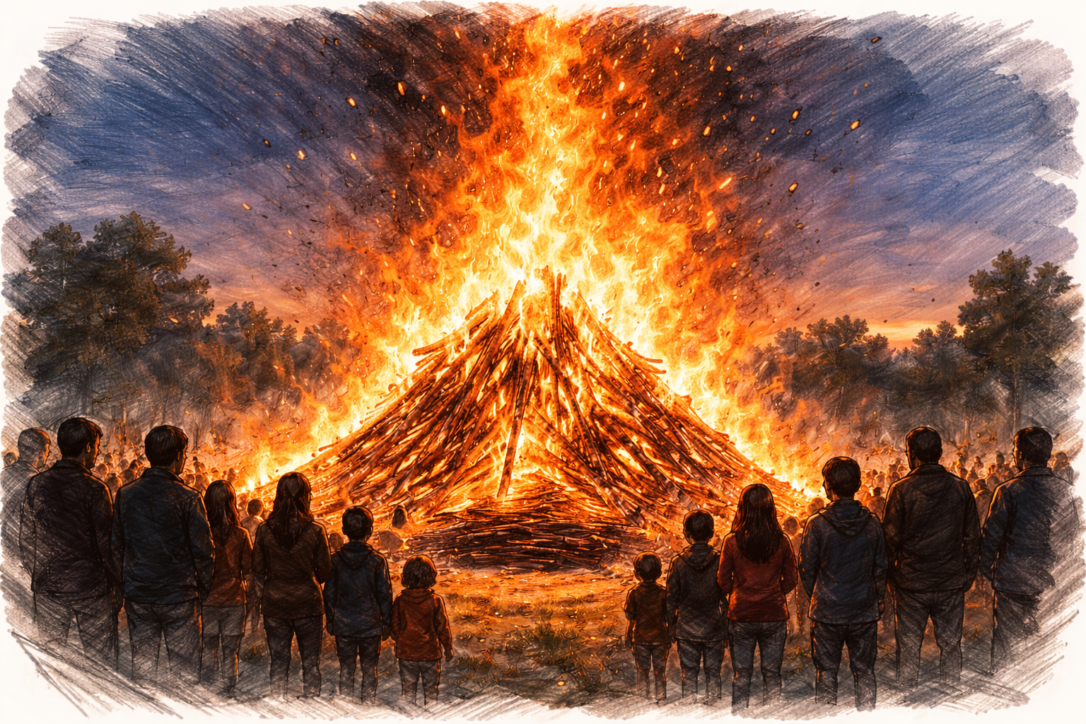 Samling runt stor tecknad majbrasa