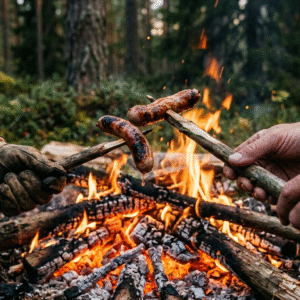 Närbild på korv som grillas över en eld i skogen.