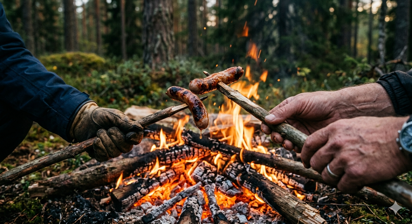Närbild på korv som grillas över en eld i skogen.