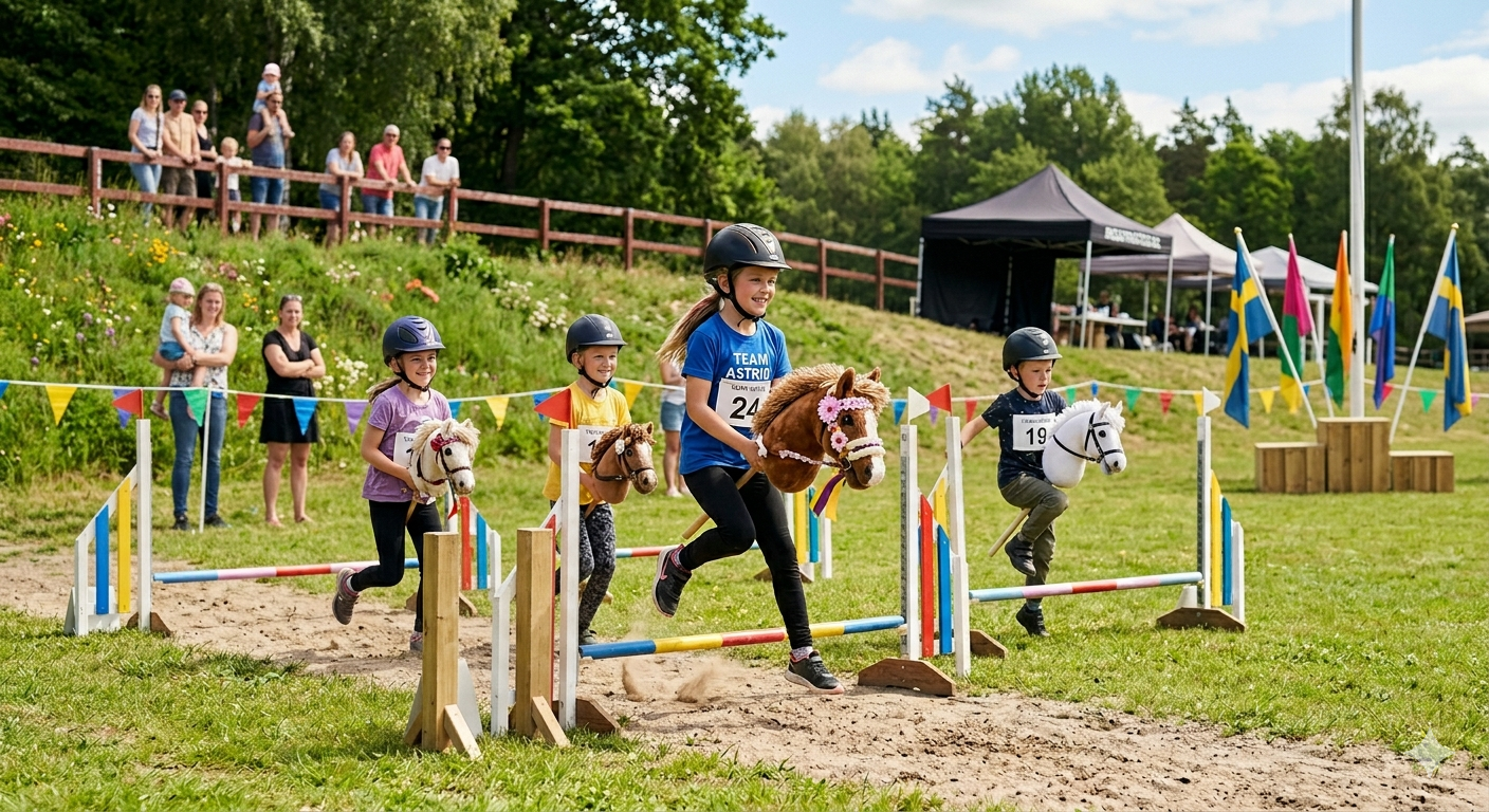 Bild på barn som tävlar i en käpphästtävling.