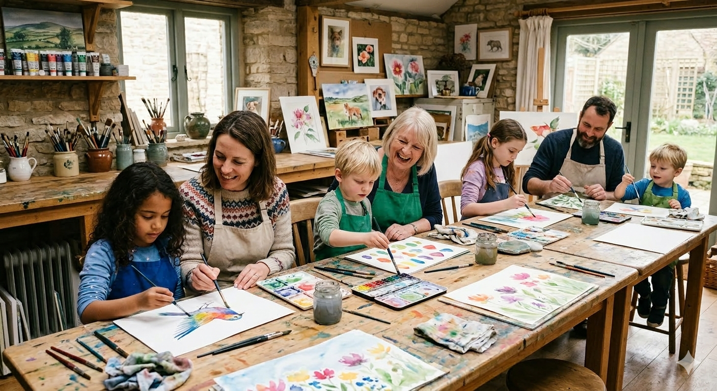 Bild på vuxna och barn som sitter i en verkstad tillsammans och målar.
