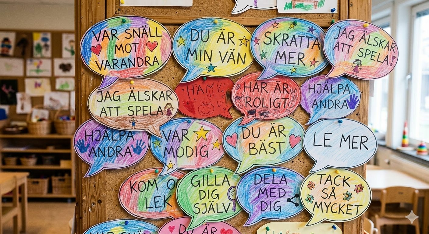 Bild på färglagda pratbubblor i olika färger med olika budskap i varje pratbubbla. På en står det tex. "Var snäll mot varandra". Pratbubblorna sitter på en anslagstavla.