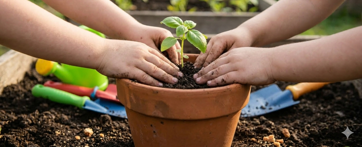 Bild på fyra små händer som odlar en växt i en kruka.