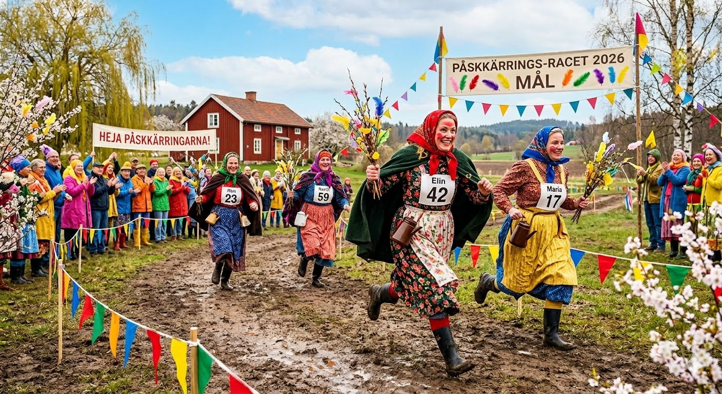 Bild på en massa påskkärringar som tävlar i ett race. Bakom dessa är det folk som står och hejar på påskkärringarna.