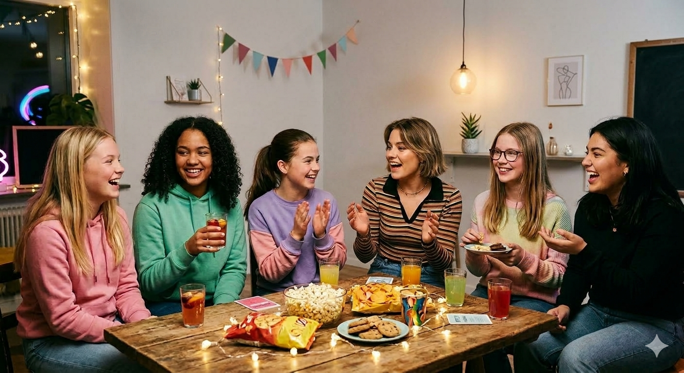 Bild på ett gäng tjejer som sitter vid ett bord och fikar.