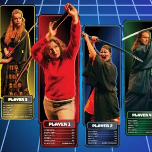 Fyra samurajer avbildade som spelare i ett dataspel poserar med varsitt svärd.